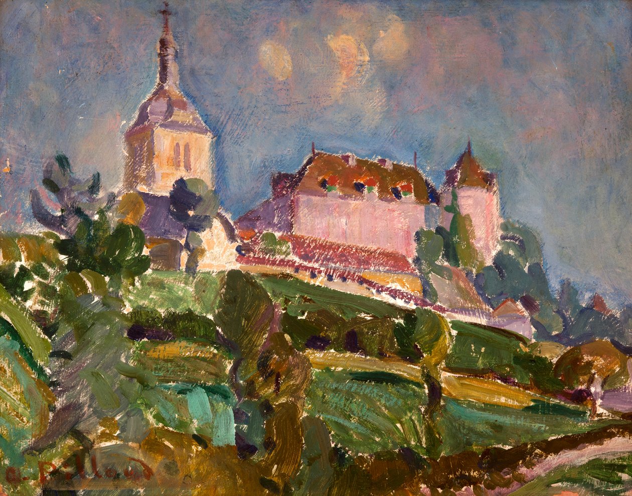 Pohled na hrad a kostel Gruyères, cca 1925-30 (olej na kartonu) od Ignace Nazaire Oswald Pilloud