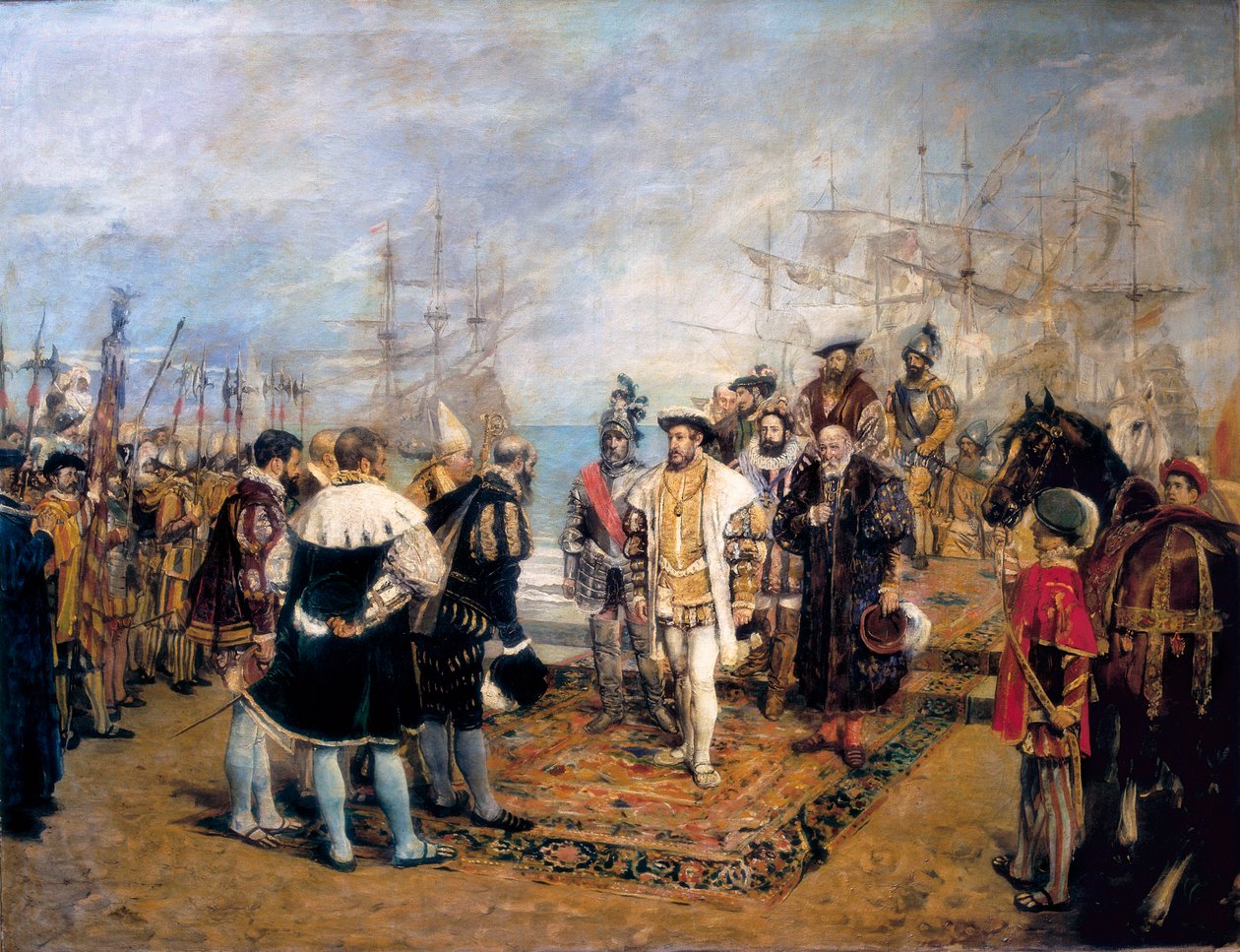 Vylodění Františka I. (1494-1547) v přístavu Valencie (Španělsko). Luis Villarrasa de Cavanilles (?), guvernér města, vítá francouzského krále. Obraz Ignacia Pinaza Camarlenche (1849-1916), olej na plátně od Ignacio Pinazo Camarlech