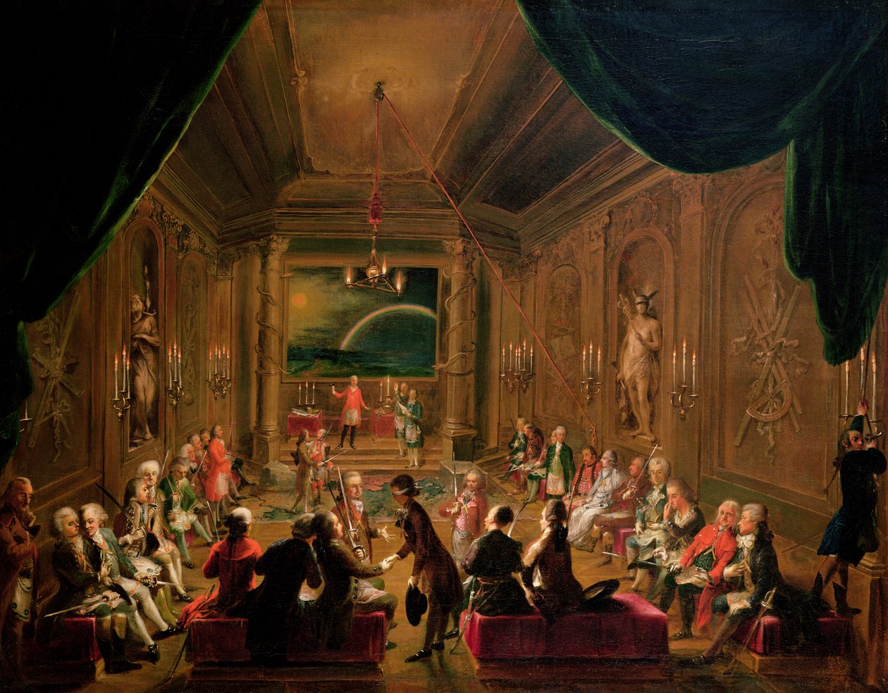 Iniciační obřad ve vídeňské zednářské lóži za vlády Josefa II., s Mozartem sedícím zcela vlevo, 1784 od Ignaz Unterberger
