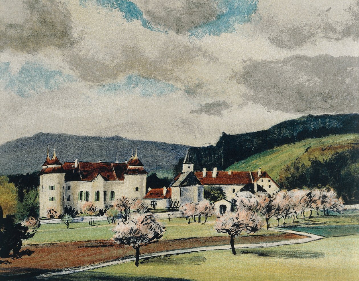 Zámek Weinzierl poblíž Wieselburgu, kolem roku 1909 (akvarel na papíře) od Igo Potsch