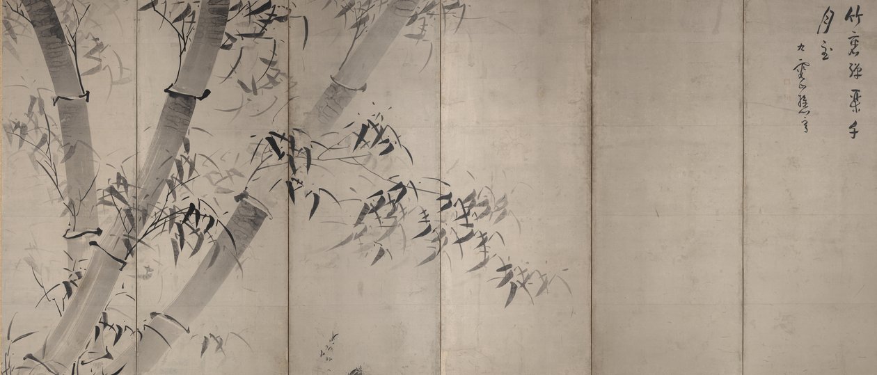 Moonlight Bamboo, šestipanelová skládací obrazovka, cca 1758–60 (inkoust na papíře) od Ike no Taiga