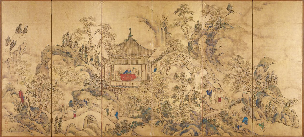 Krajina s pavilonem (Roukaku Sansui Zu, Krajina s věží) - levá část dvojice šestipanelových obrazovek od Ike no Taiga (1723-1776), akvarel a inkoust na papíře, japonské umění cca 1750 - 18. století, orientální krajina - Tokijský národní M od Ike no Taiga