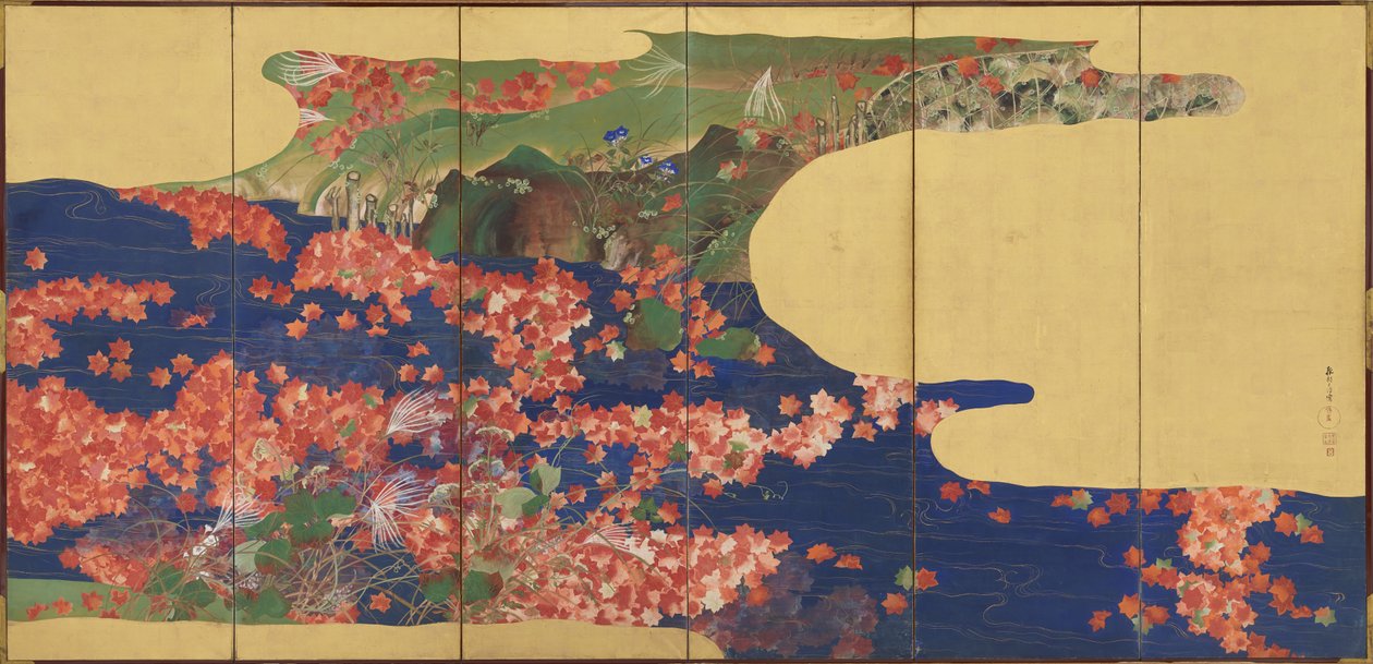 Javorové listy na potoce, šestipanelové síto, období Edo, 1856-58 (inkoust a barva na zlaceném papíře) od Ikeda Koson