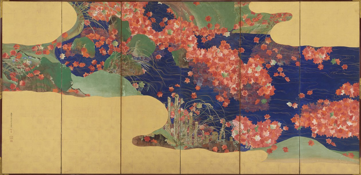 Javorové listy na potoce, šestipanelové plátno, období Edo, 1856-58 od Ikeda Koson