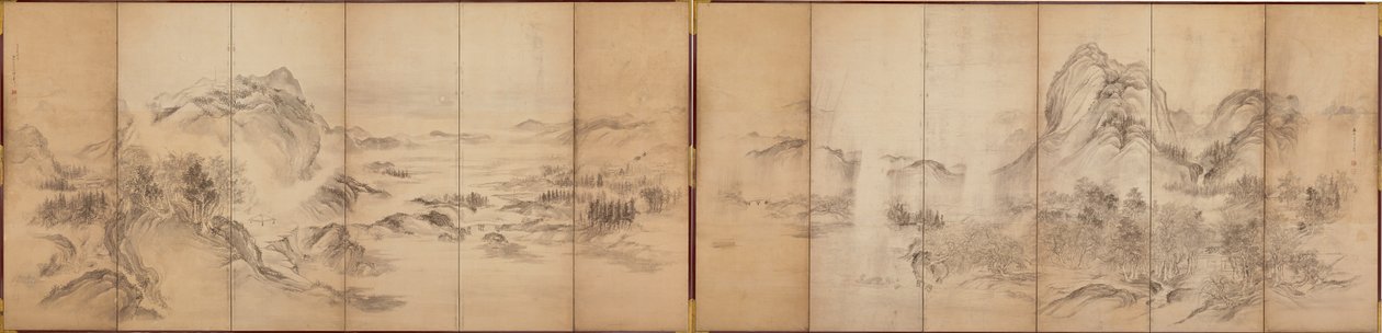 Pohledy na hory, zadní strana šestidílného plátna, období Edo, 1856-58 (praní na papíře) od Ikeda Koson