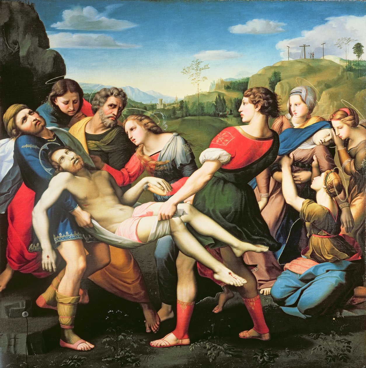Pohřbívání do hrobu, podle Rafaelova obrazu ve vile Borghese, Řím, 17. století od Il Sassoferrato