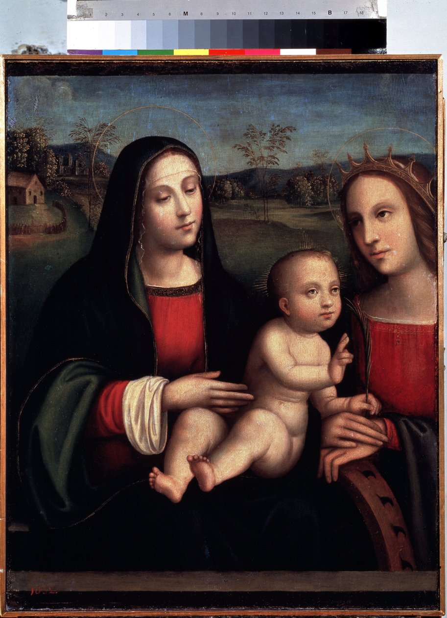 "Madona s dítětem se svatou Kateřinou Alexandrijskou"" Malba Francesca Raiboliniho dit il Francia (1450-1518) Petrohradské muzeum Ermitáž od Il  Francia