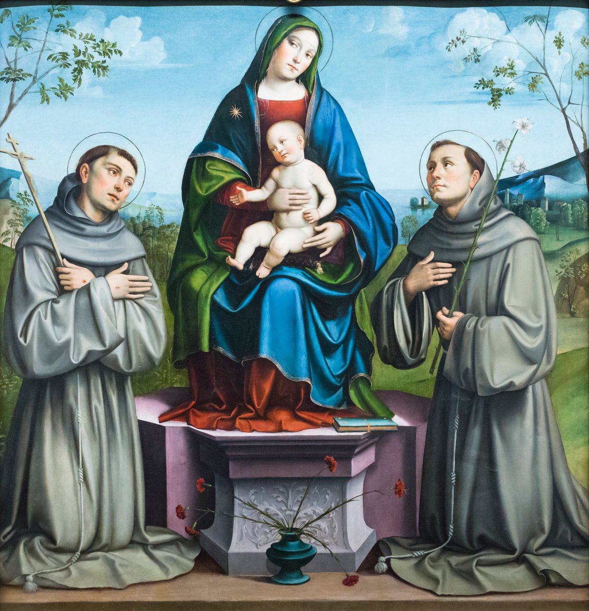 Madona s dítětem se svatým Františkem z Assisi a svatým Antonínem Paduánským od Il (1450 1517) Francia