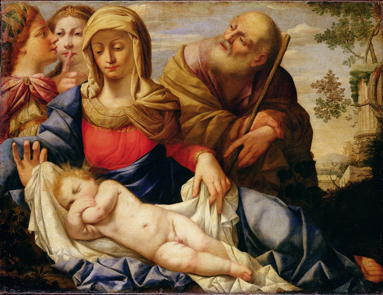 Svatá rodina se dvěma ženskými postavami, polovina 17. století (olej na plátně) od Il (1609-85) Sassoferrato