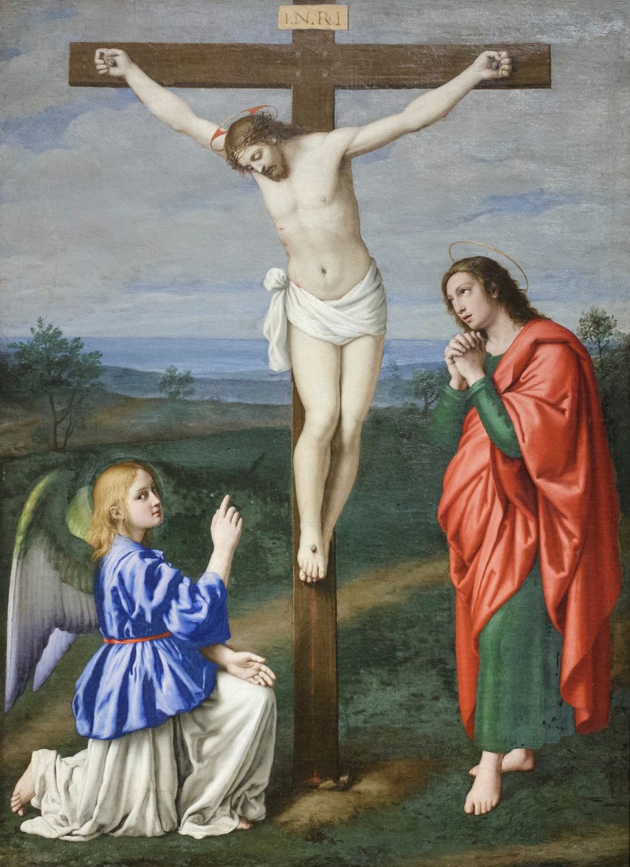 Kristus ukřižovaný mezi andělem a svatým Janem Evangelistou, asi 1640 (olej na plátně) od Il (1609 85) Sassoferrato