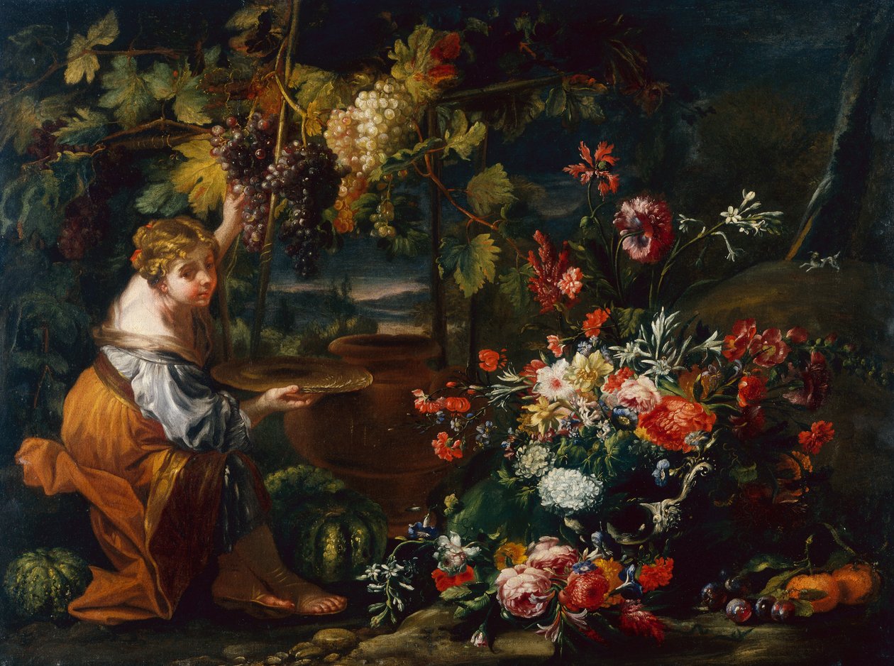 Mladá dívka sbírá hrozny (olej na plátně) od Il and Brueghel Abraham Borgognone