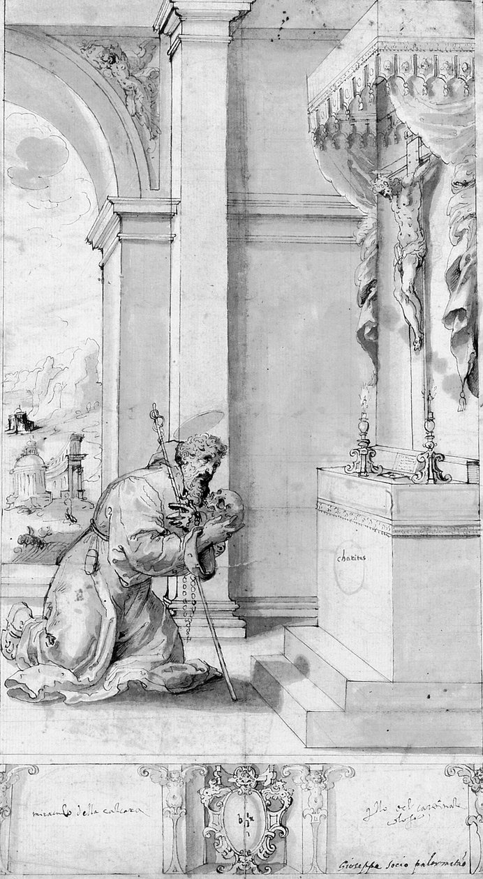 Světec klečící před oltářem s krucifixem: návrh pro procesní prapor (křída, pero a inkoust a pero na papíře) od Il (c.1550 1611) Sozzo