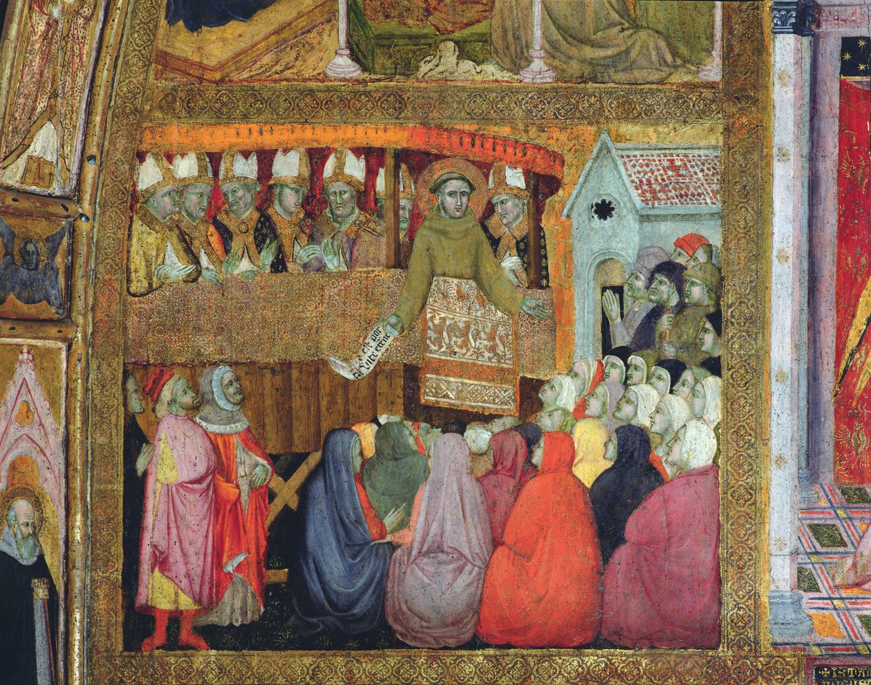 Sv. František vyhlašuje odpustky za doprovodu biskupů z Umbrie, freska z Porziuncoly, 1393 od Ilario da Viterbo