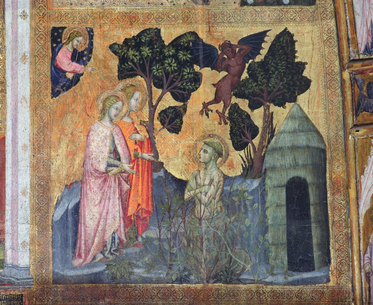 Svatý František se vrhá do trnitých ostružiní, freska z Porziuncoly, 1393 od Ilario da Viterbo