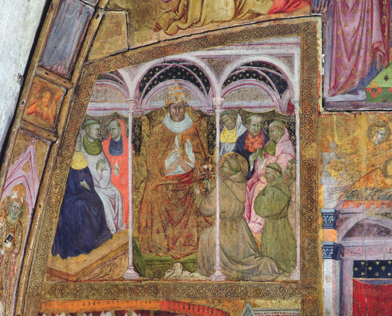 Svatý František prosí papeže Honoria III. o potvrzení odpustků, freska z Porziuncoly, 1393 od Ilario da Viterbo