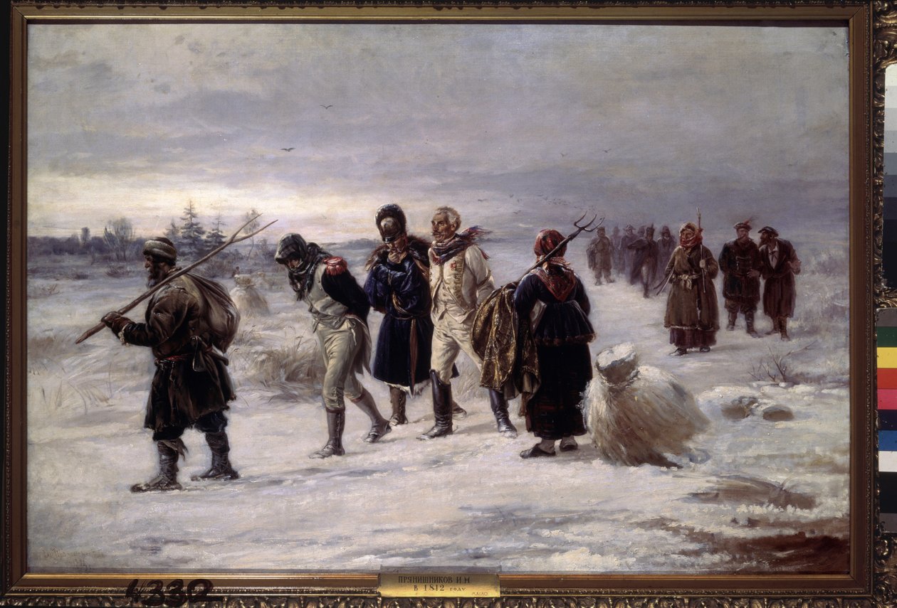 V roce 1812. (Vězni zajatí z Napoleonovy Velké armády chodí ve sněhu, vyčerpaní, doprovázeni ruskými rolníky). Obraz Illarion Michajlovič Pryanishnikov (1840-1894), olej na plátně od Illarion Mikhailovich Pryanishnikov