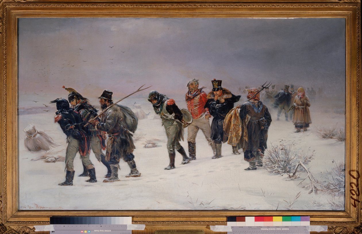 V roce 1812. (Vězni zajatí z Napoleonovy Velké armády chodí ve sněhu, vyčerpaní, doprovázeni ruskými rolníky). Obraz Illarion Michajlovič Pryanishnikov (1840-1894), olej na plátně od Illarion Mikhailovich Pryanishnikov
