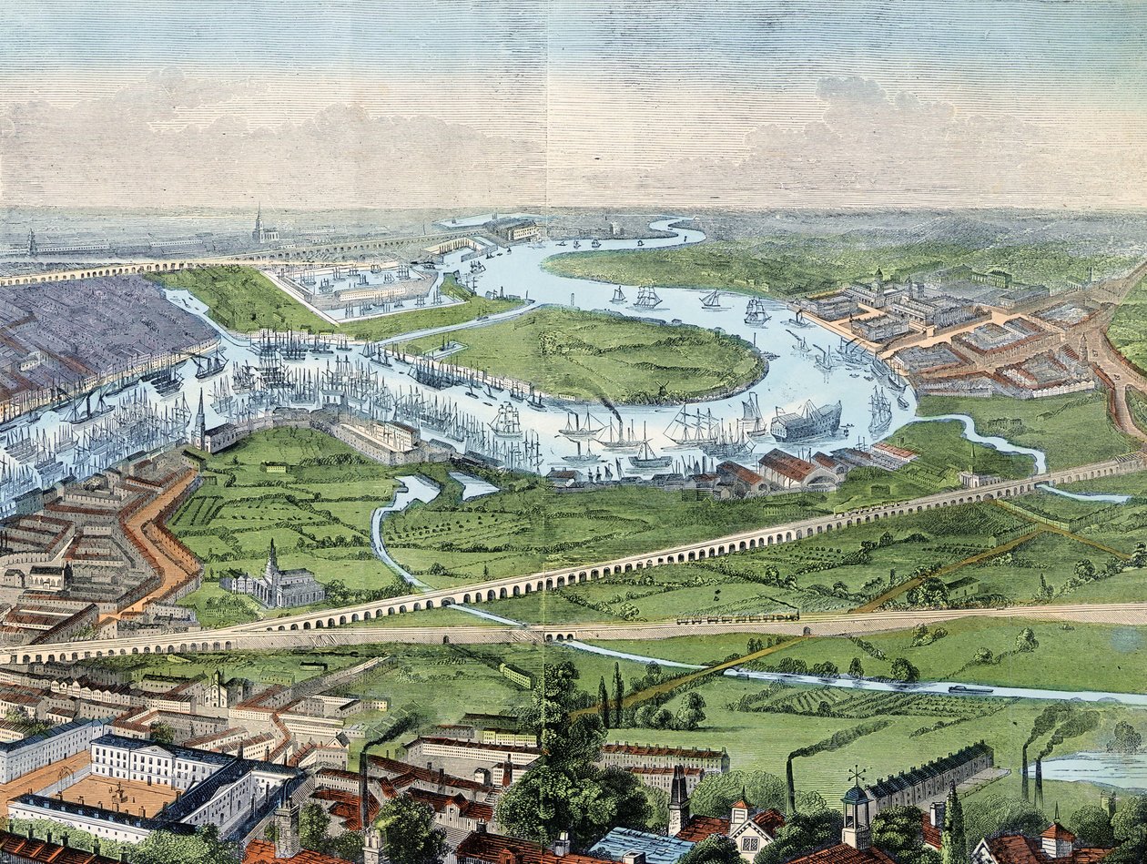 tisk; barevné gravírování- Panorama Londýna a řeky Temže od Illustrated London News