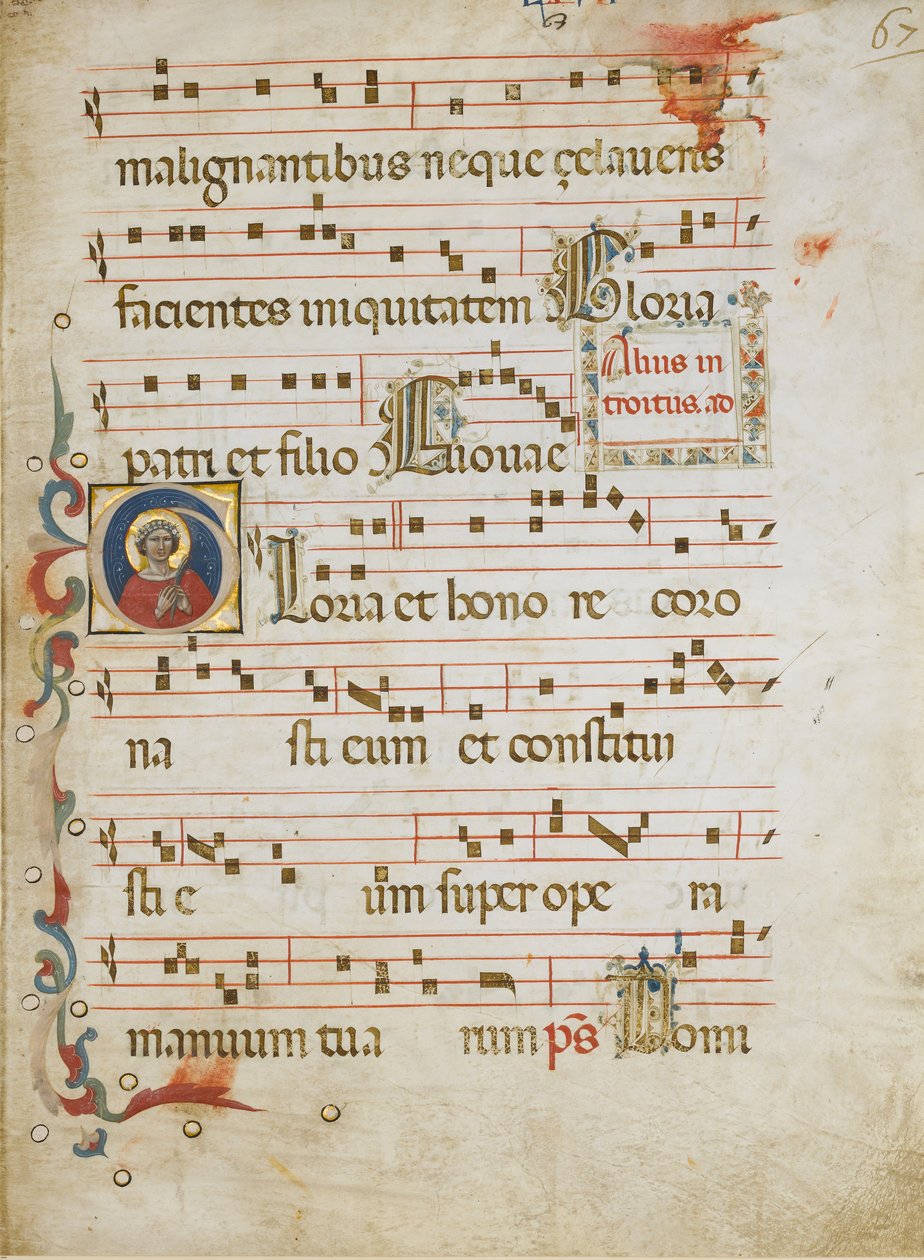 Rukopisný list se světicí možná Dorothy v iniciále G..., ca. 1330-40. od Illustratore