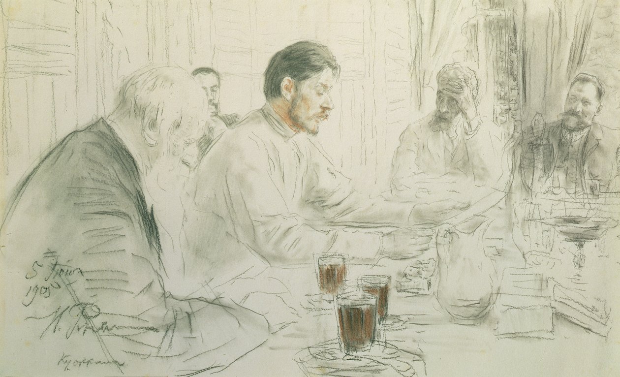 Maxim Gorkij (1868-1936) čte svou báseň „Děti slunce“, 1905 (tužka a křída na papíře) od Ilya Efimovich Repin