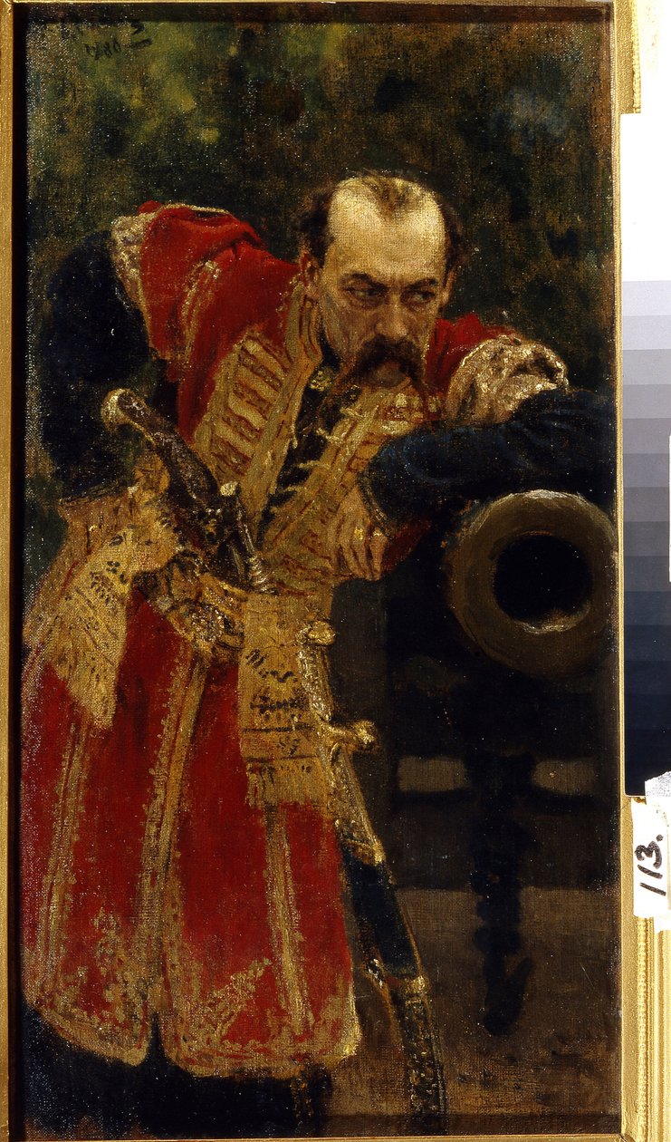 Záporožský kozácký plukovník. (plukovník Záporožského hostitele). V uniformě mu za opasek vklouzne dlouhá puška, opírá se o ústí hlavně, s nadhledem a vzdorem. Obraz Ilji Jefimoviče Repina (Ilia Repin) (1844-1930), od Ilya Efimovich Repin