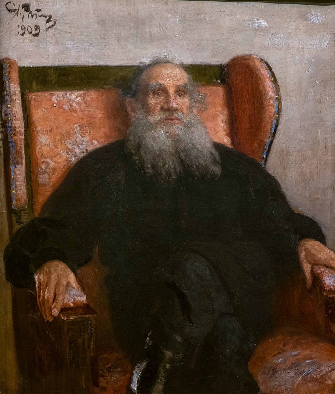 LEON TOLSTOI V RŮŽOVÉM KŘESLE od Ilya Efimovich Repin