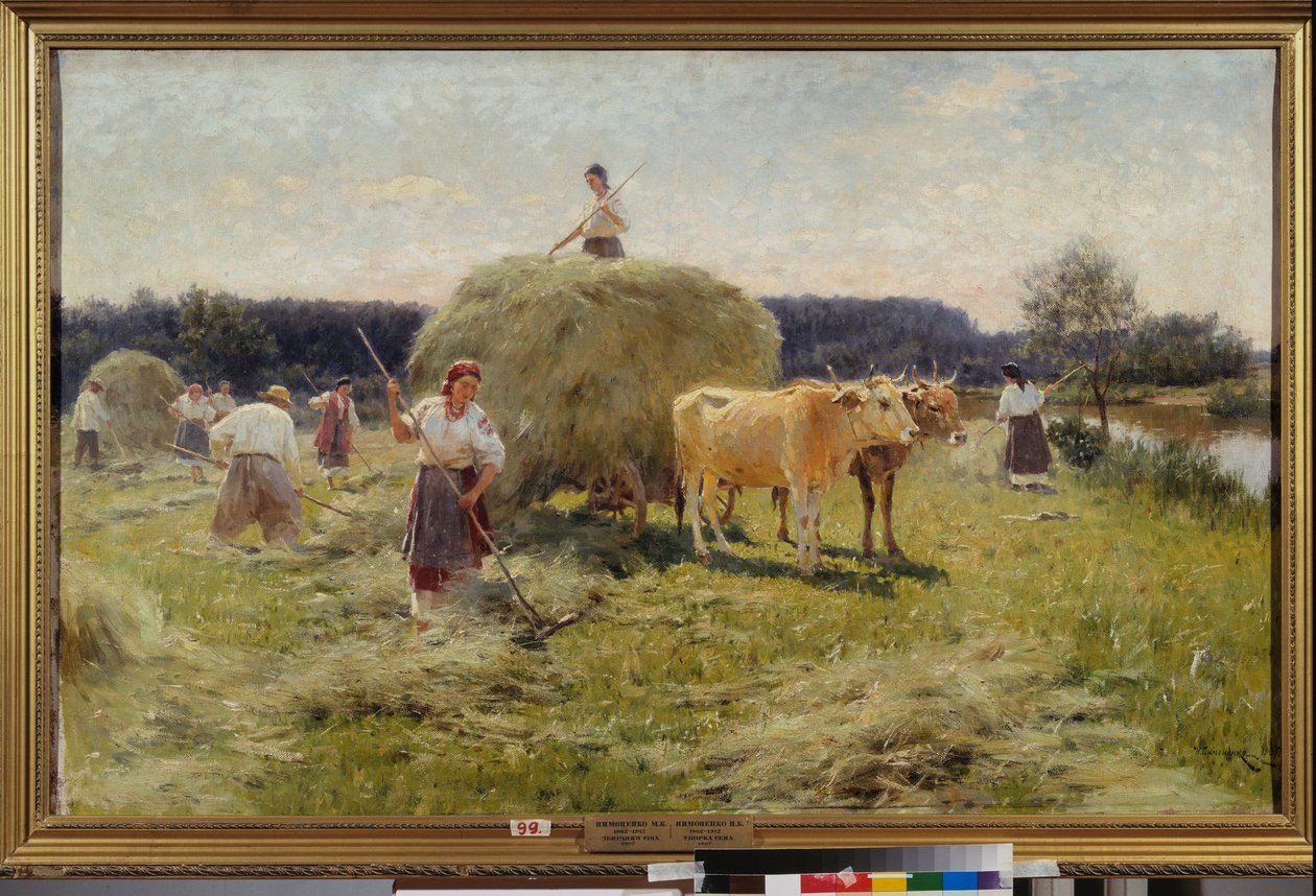 Výroba sena (Letní zemědělská scéna, rolníci sbírající seno v volském spřežení) - Výroba sena - Malba Nikolaje Korniloviče Pimonenka (1862-1912), olej na plátně od Ilya Efimovich Repin