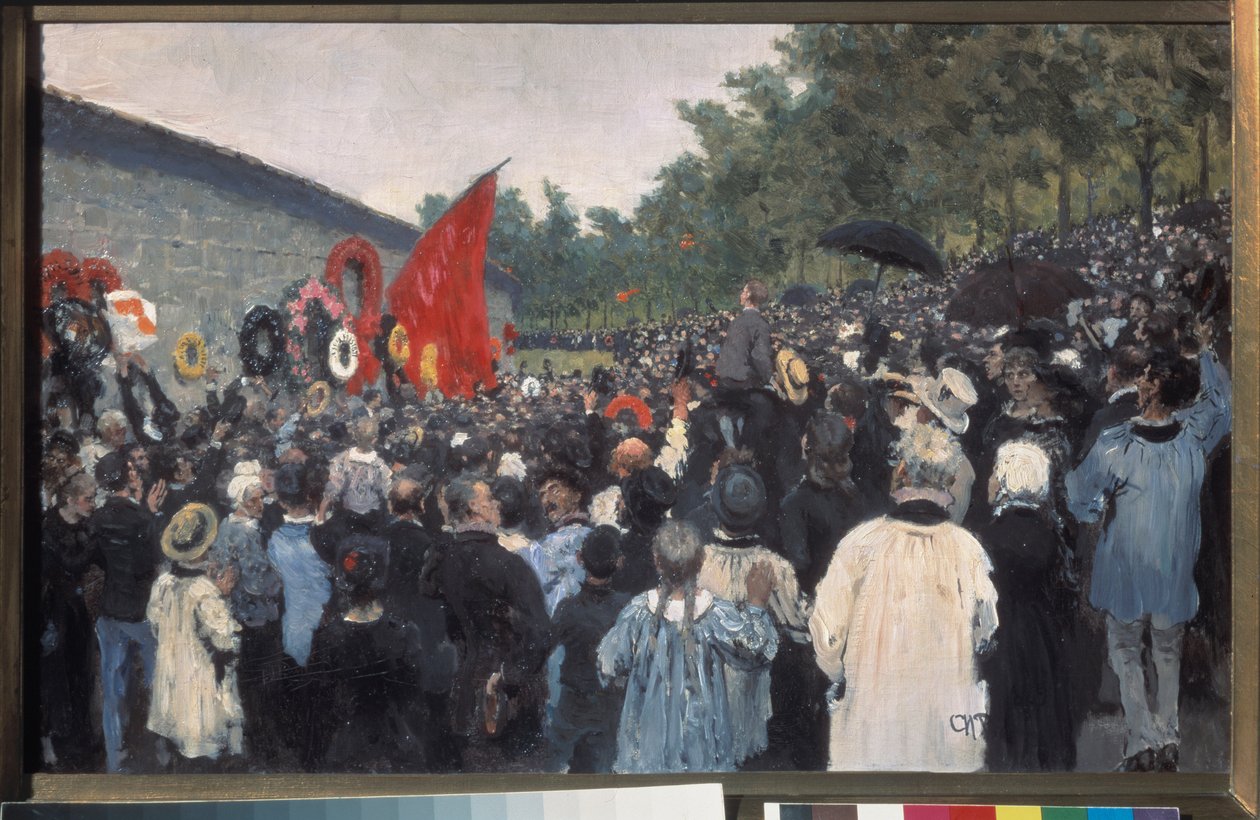 Každoroční shromáždění na hřbitově Pere Lachaise v Paříži. (Před Federovanou zdí, před kterou byli v roce 1871 zastřeleni bojovníci Komuny, která se od té doby stala symbolem boje za svobodu a revoluční ideály). Vymalováno od Ilya Efimovich Repin