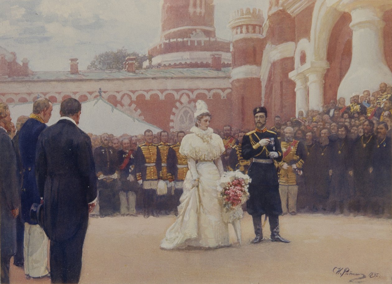 Nicholas II přijímá venkovské okresní starší 18. května 1896 na dvoře Petrovského paláce v Moskvě, 1897 od Ilya Efimovich Repin