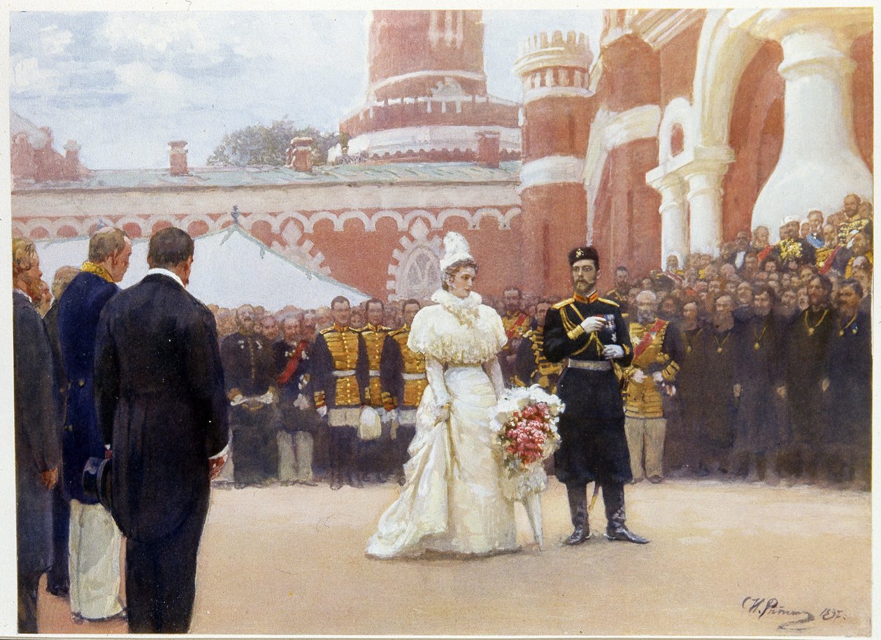 Nicholas II (1868-1918) a jeho manželka, Alexandra Fedorovna (nebo Alexandra Feodorovna) (1872-1918), přijímání starších venkovského okresu, 18. května 1896, na nádvoří Petrovského paláce v Moskvě. (Mikuláš II. přijímá starší venkovského okresu 18. května od Ilya Efimovich Repin