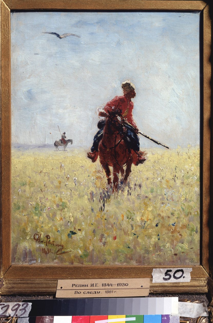 Kurz rozpoznávání. (Záporožský kozácký jezdec na pozorování v květinové pláni). Obraz Ilja Jefimovič Repin (Ilia Repin) (1844-1930), olej na plátně od Ilya Efimovich Repin
