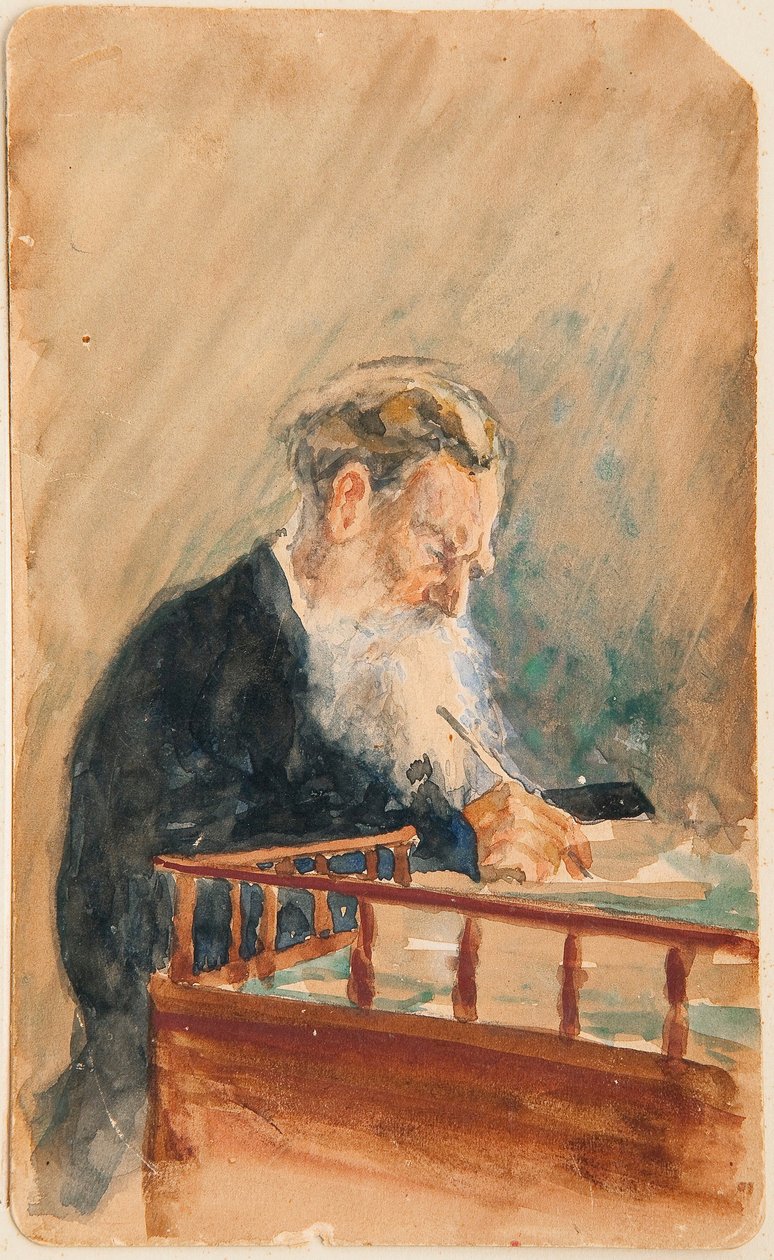 Portrét autora Lva N Tolstého (Portrét autora Lva N Tolstého) - Dílo Ilji Jefimoviče Repina (Ilia Repin) (1844-1930), akvarel na papíře (16x10 cm), cca 1900, ruské umění , 20. století - soukromá sbírka od Ilya Efimovich Repin