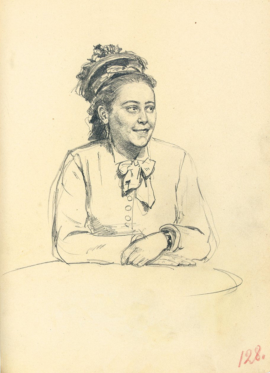 Studie pro "Pařížskou kavárnu": Sedící žena s lukem a založenýma rukama, c. 1872-1875 od Ilya Efimovich Repin