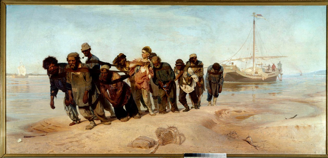 Lodníci z Volhy Skupina mužů (tahačů) vytahuje loď z vody v Rusku - Obraz Ilija (Ilja) Repine (1844-1930), olej na plátně od Ilya Efimovich Repin