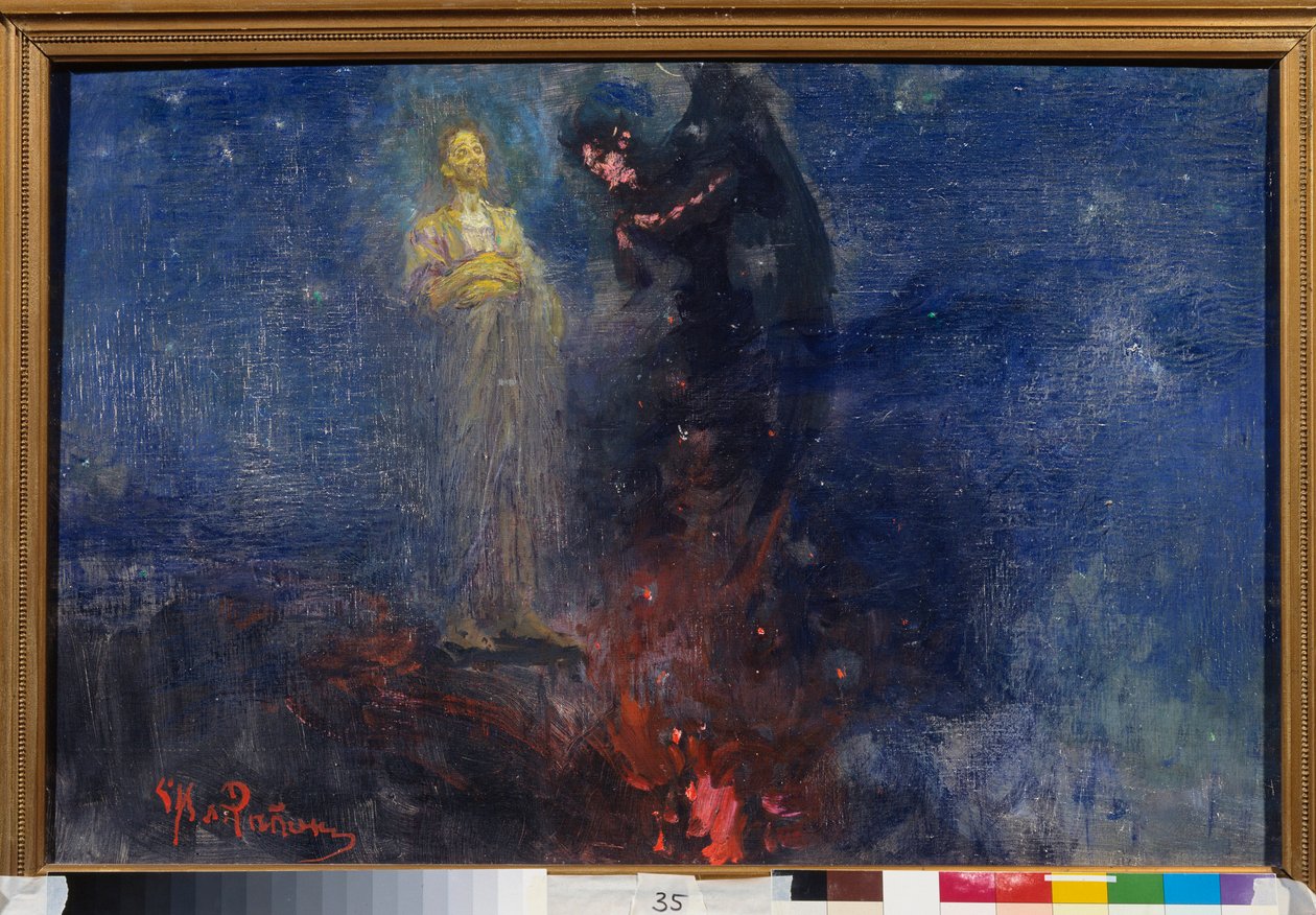 Jdi pryč, Satane! (Dostaň tě odtud, Satane!). (Ježíš Kristus odpuzuje ďábla, v noční krajině). Obraz Ilja Repin (Ilia Repin) (1844-1930), olej na plátně, po roce 1850. Ruské umění od Ilya Efimovich Repin
