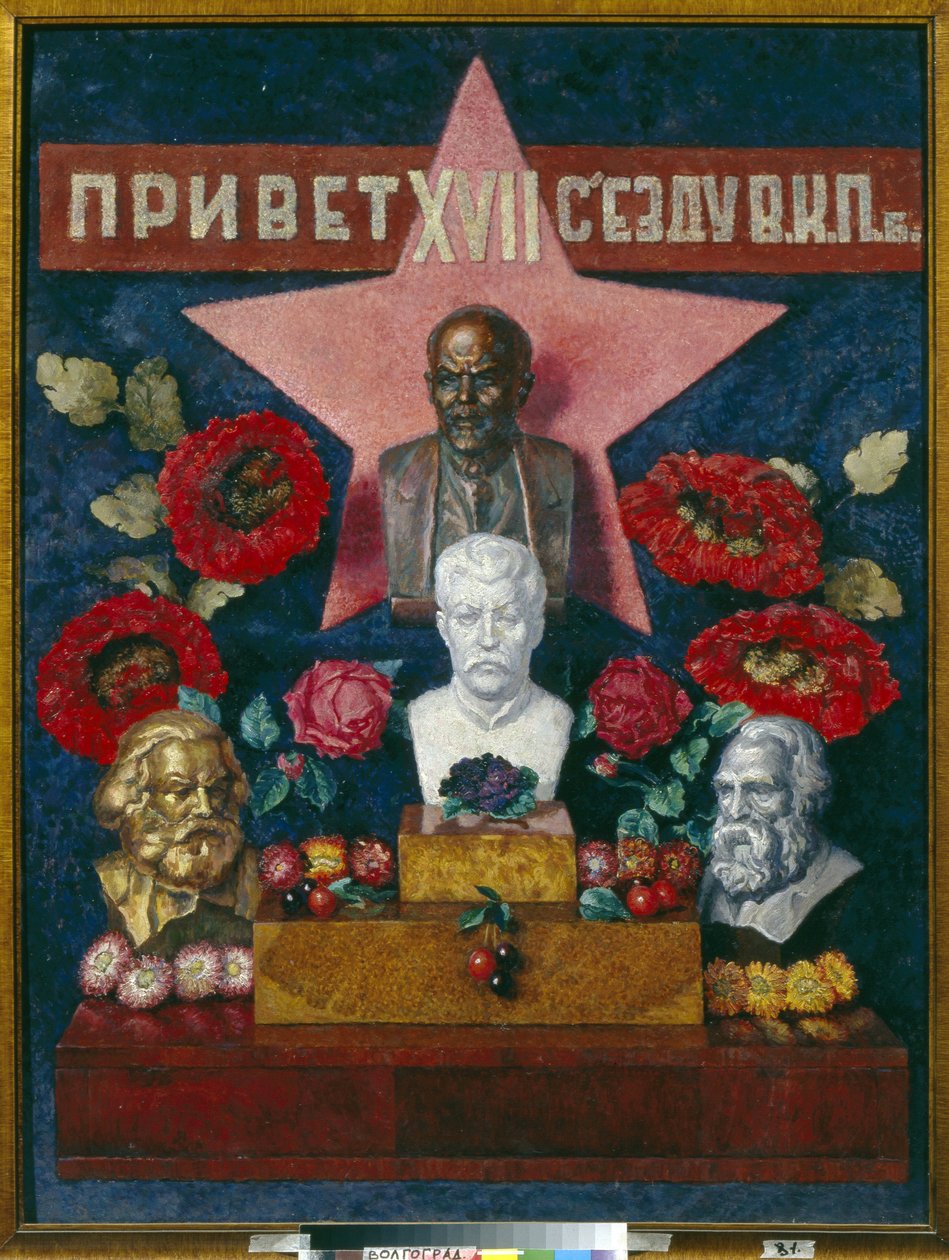 Vítejte na 17. sjezdu KSSS. Zastoupení komunistických politiků a myslitelů: Vladimir Iljič Uljanov známý jako Lenin (1870-1924), Josif Stalin (Stalin) (Josep od Ilya Ivanovich Mashkov