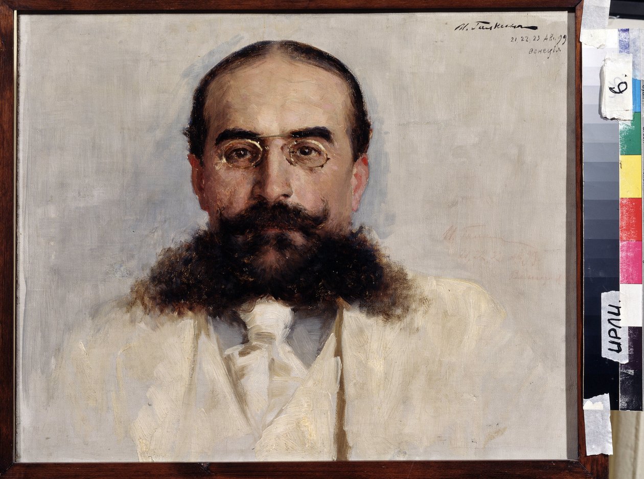Portrét spisovatele, pedagoga a dramatika Vladimira Nemiroviče Dačenka (1858-1943) (Portrét spisovatele, pedagoga a dramatika Vladimíra I. Nemiroviče-Dančenka). Obraz Ilja Savvich Galkin (1860-1915), olej na plátně od Ilya Savich Galkin