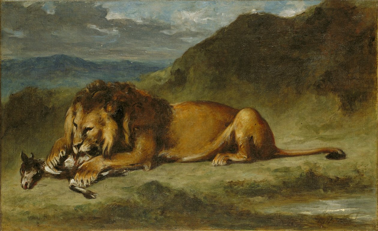 Lev požírající kozu od Imitator of Eugène Delacroix