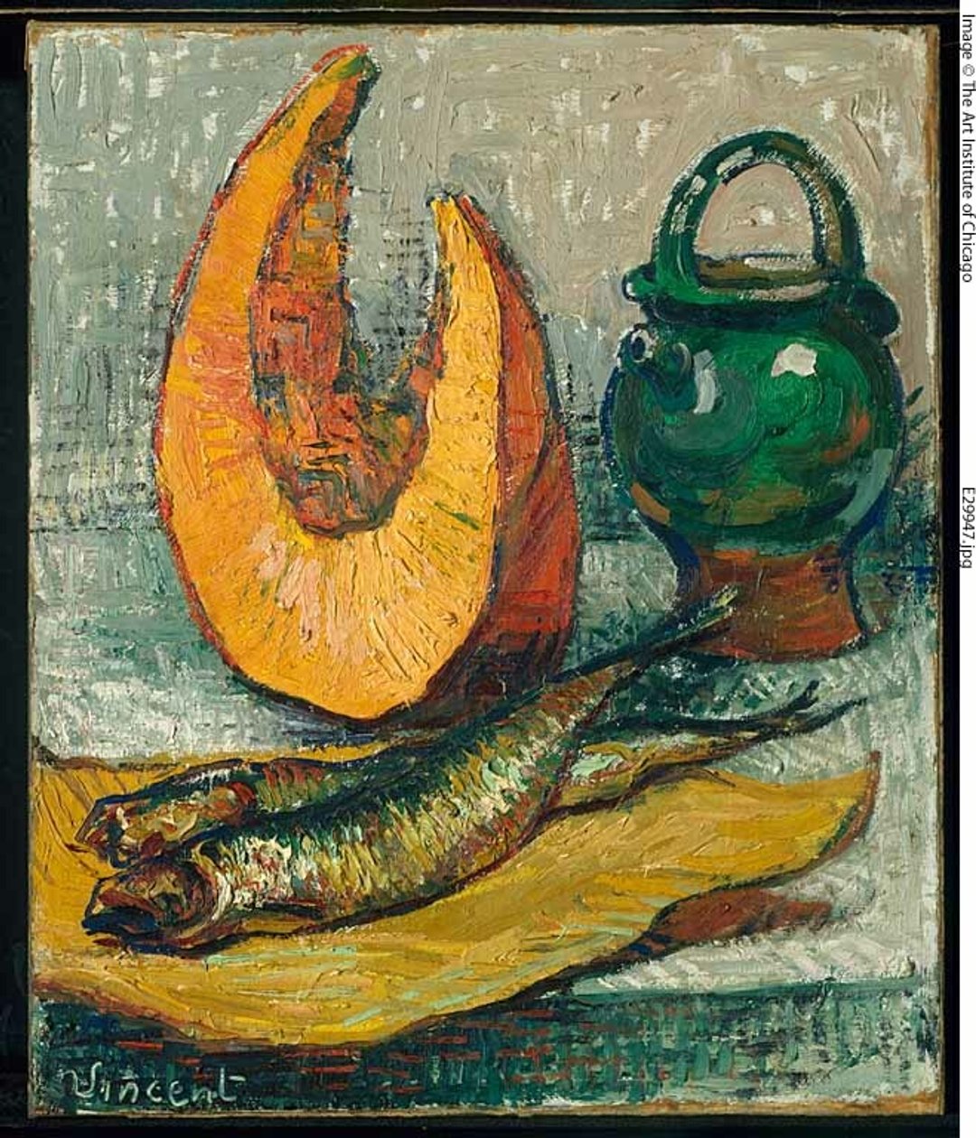 Zátiší: Meloun, sklenice s rybami od Imitator of Vincent van Gogh