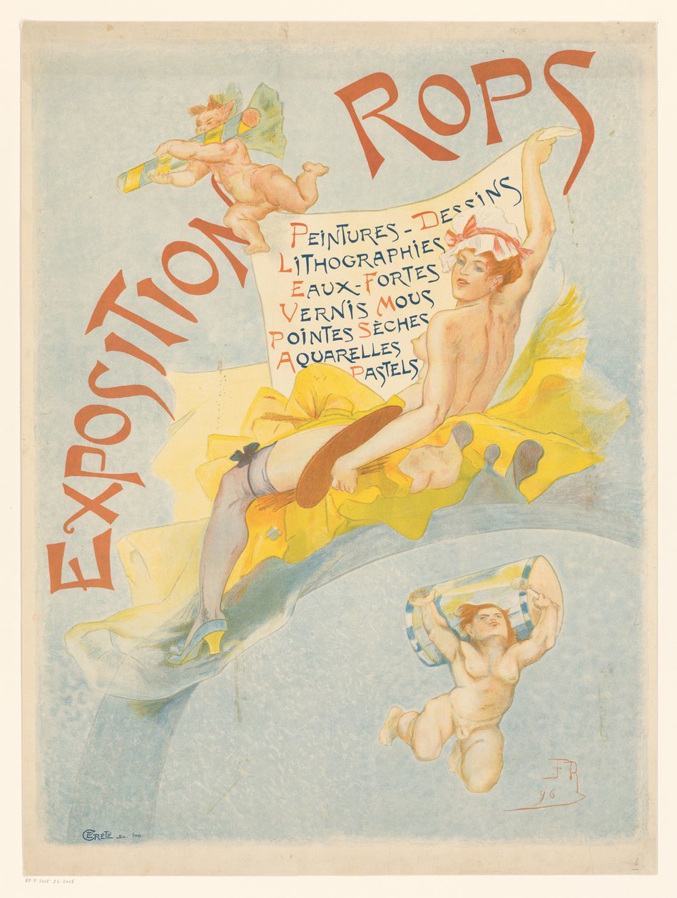 Plakát k výstavě s dílem Feliciena Ropse Exposition Rops (název na objektu) od Imprimerie Crété