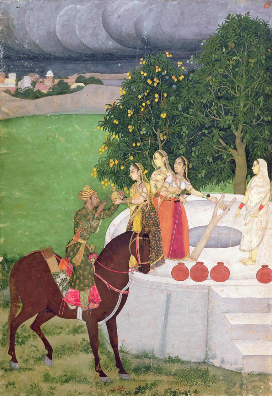 Princ žebrající vodu od žen u studny, Mughal, kolem roku 1720 od Indian School