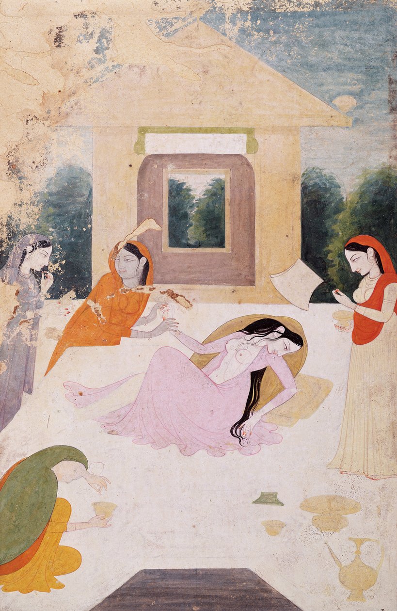 Dáma na terase, rozrušená neukojenou touhou po svém milenci, její služebníci ji nemohou nijak utěšit, Guler, škola Pahari, kolem 1810 od Indian School