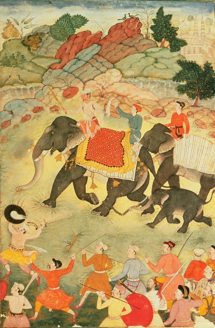 Skupina lovců slonů, Mughal, kolem 1615, (tempera na papíře) od Indian School