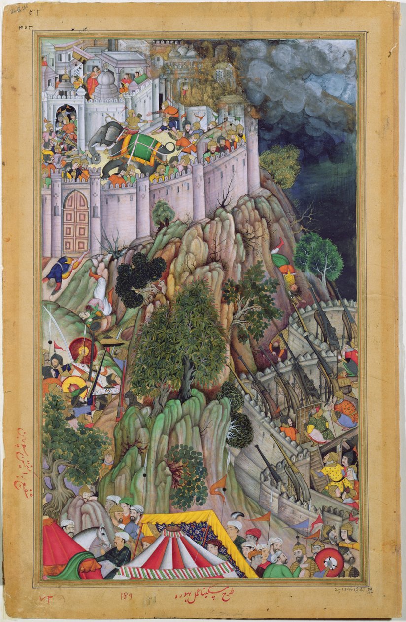 Akbarské síly obléhají Rai Surjan Hadas pevnost Ranthambhor v Rádžasthánu, v roce 1569, z Akbarnama, Mughal, kolem 1590-95 (neprůhledné wc a zlato na papíře) od Indian School
