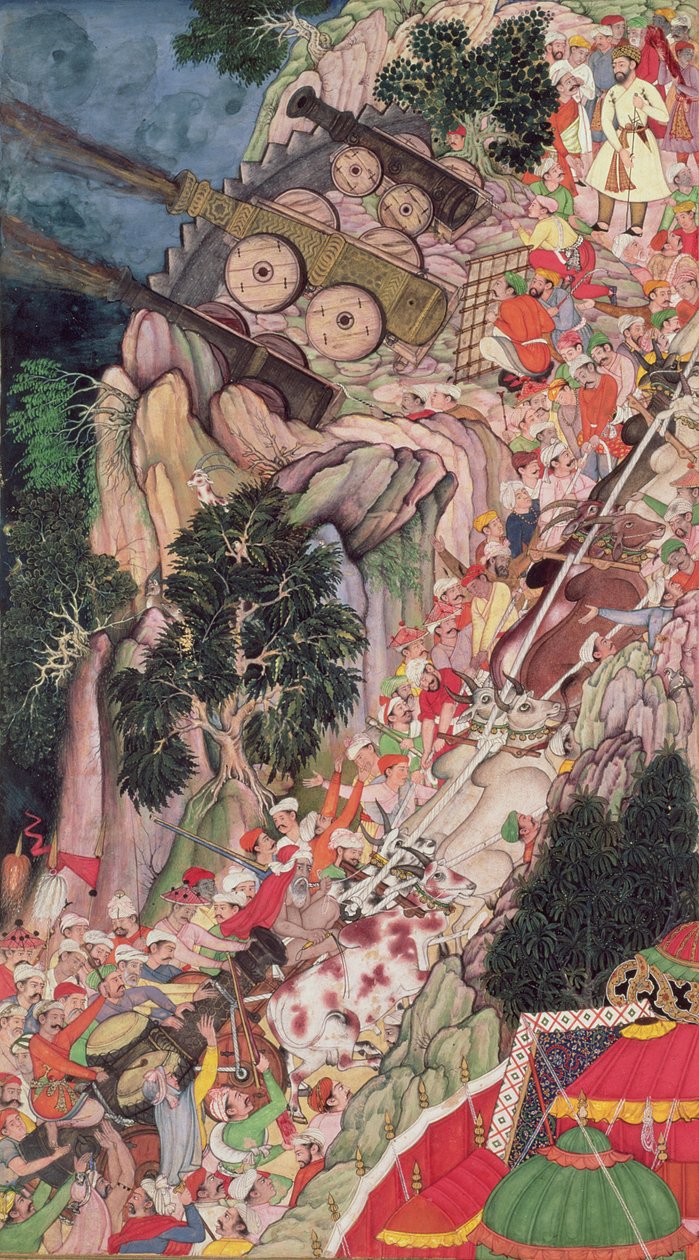 Býci táhnoucí obléhací děla do kopce během útoku na pevnost Ranthambhor z Akbarnamy, Mughal, kolem 1590-95 (neprůhledné wc a zlato na papíře) od Indian School