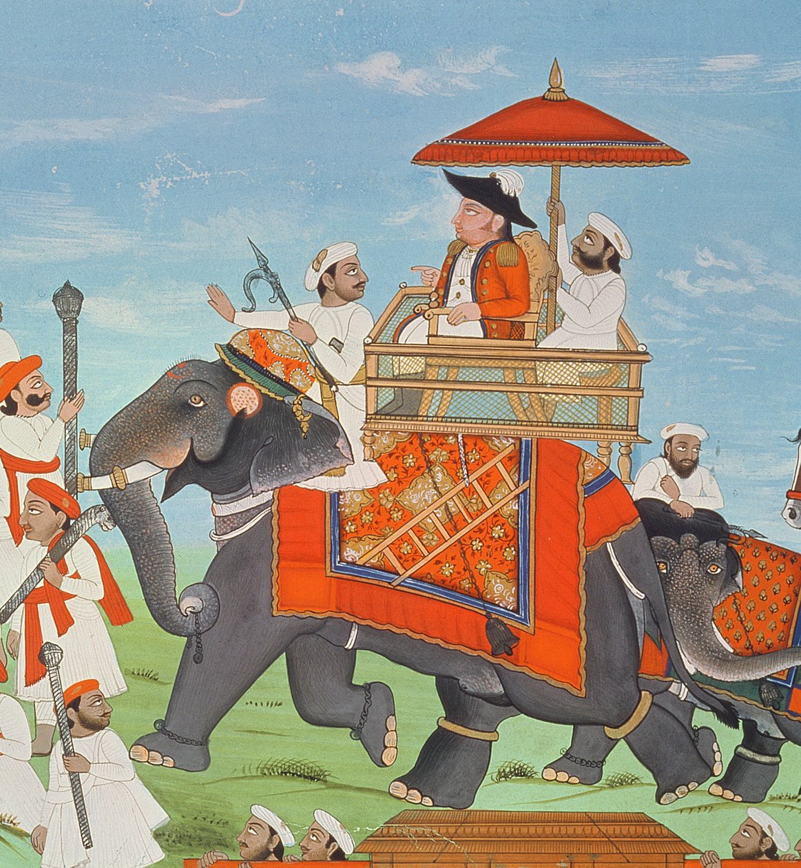 Plukovník James Tod cestující na slonu přes Rádžasthán se svou kavalérií a Sepoys (kvaš) (detail z roku 11967) od Indian School