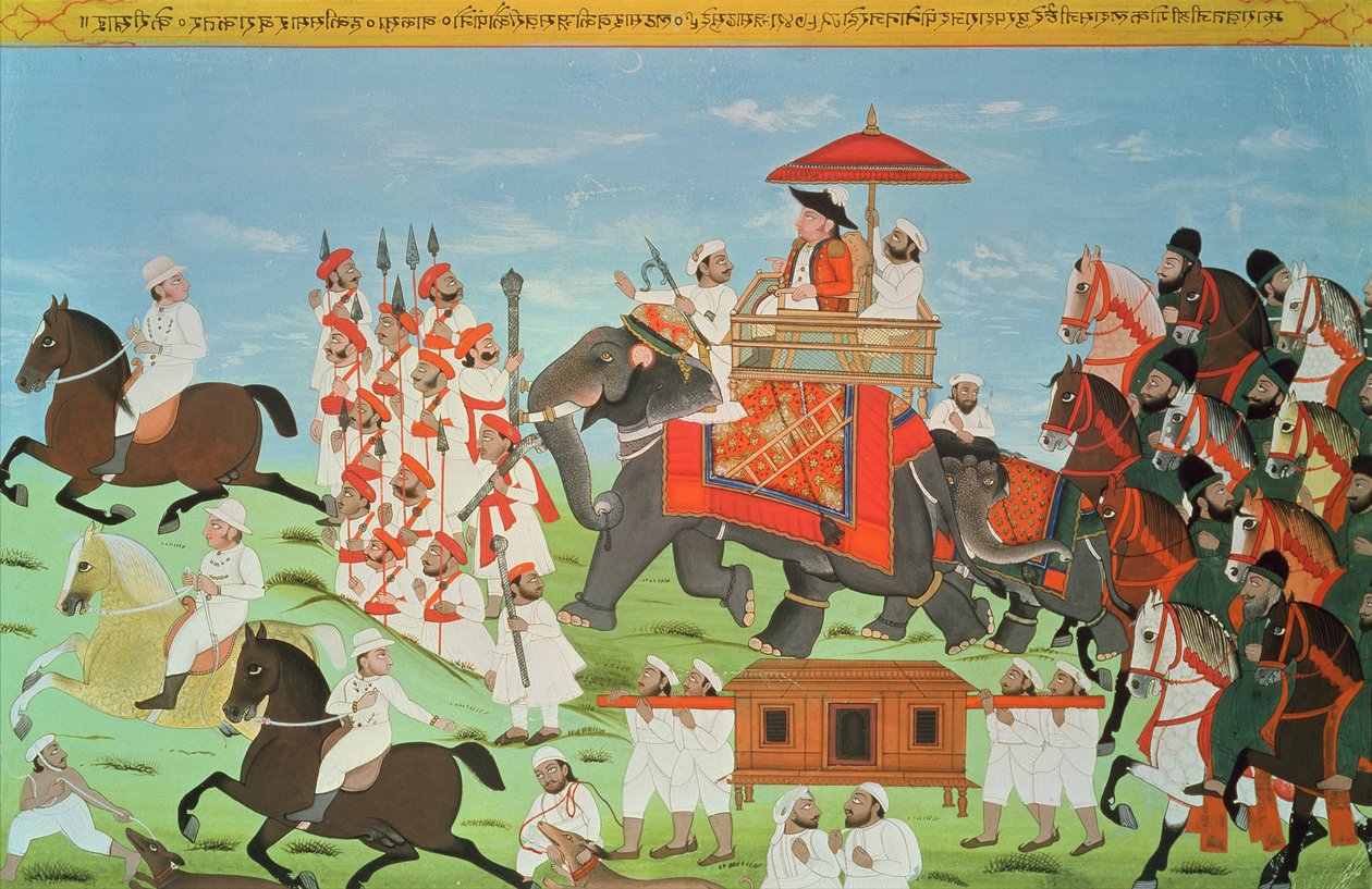 Plukovník James Tod cestující na slonu přes Rádžasthán se svou kavalérií a Sepoy (kvaš) (viz také 82777) od Indian School