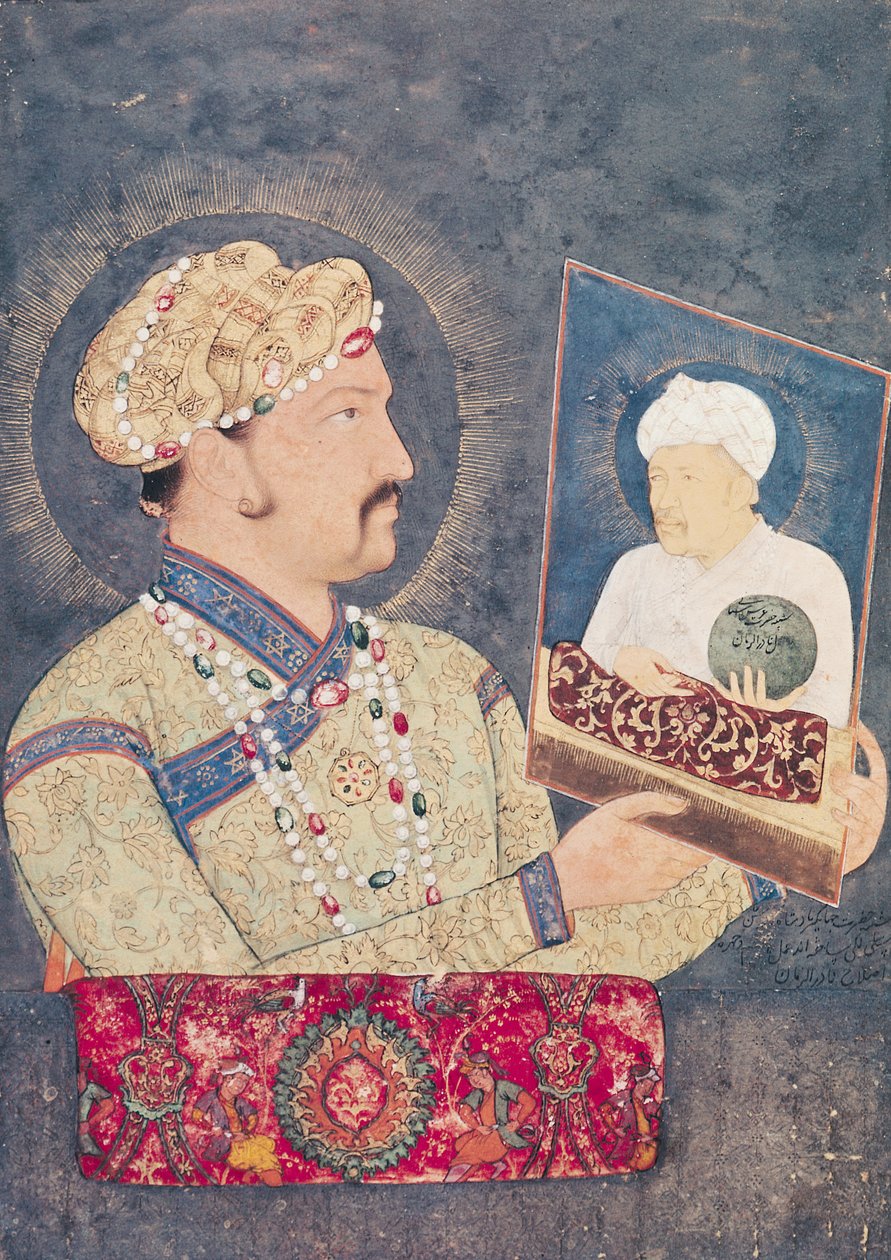 Císař Džahángir (1569-1627) s portrétem císaře Akbara (1542-1605) od Indian School