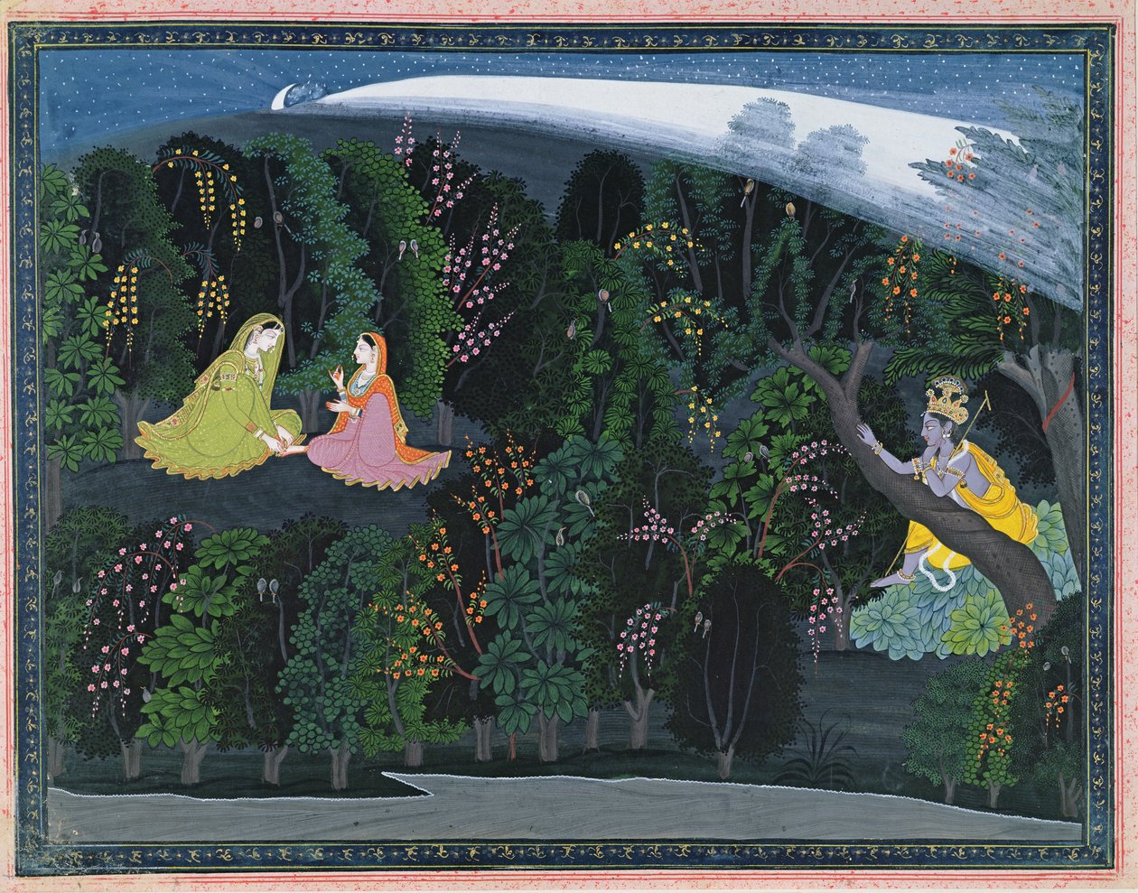 Krišna toužebně hledí na Rádhu, ilustrace ze série Lumbagraon Gita Govinda, kolem 1820-25 (neprůhledné wc a zlato na papíře) od Indian School