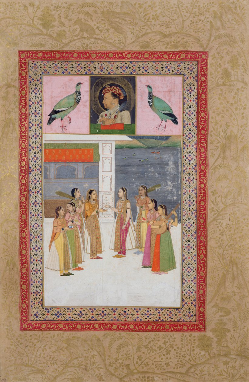 Paní E-14 Portrét Djahangiru (1569-1627), dva ptáci a vznešené ženy v rozhovoru od Indian School